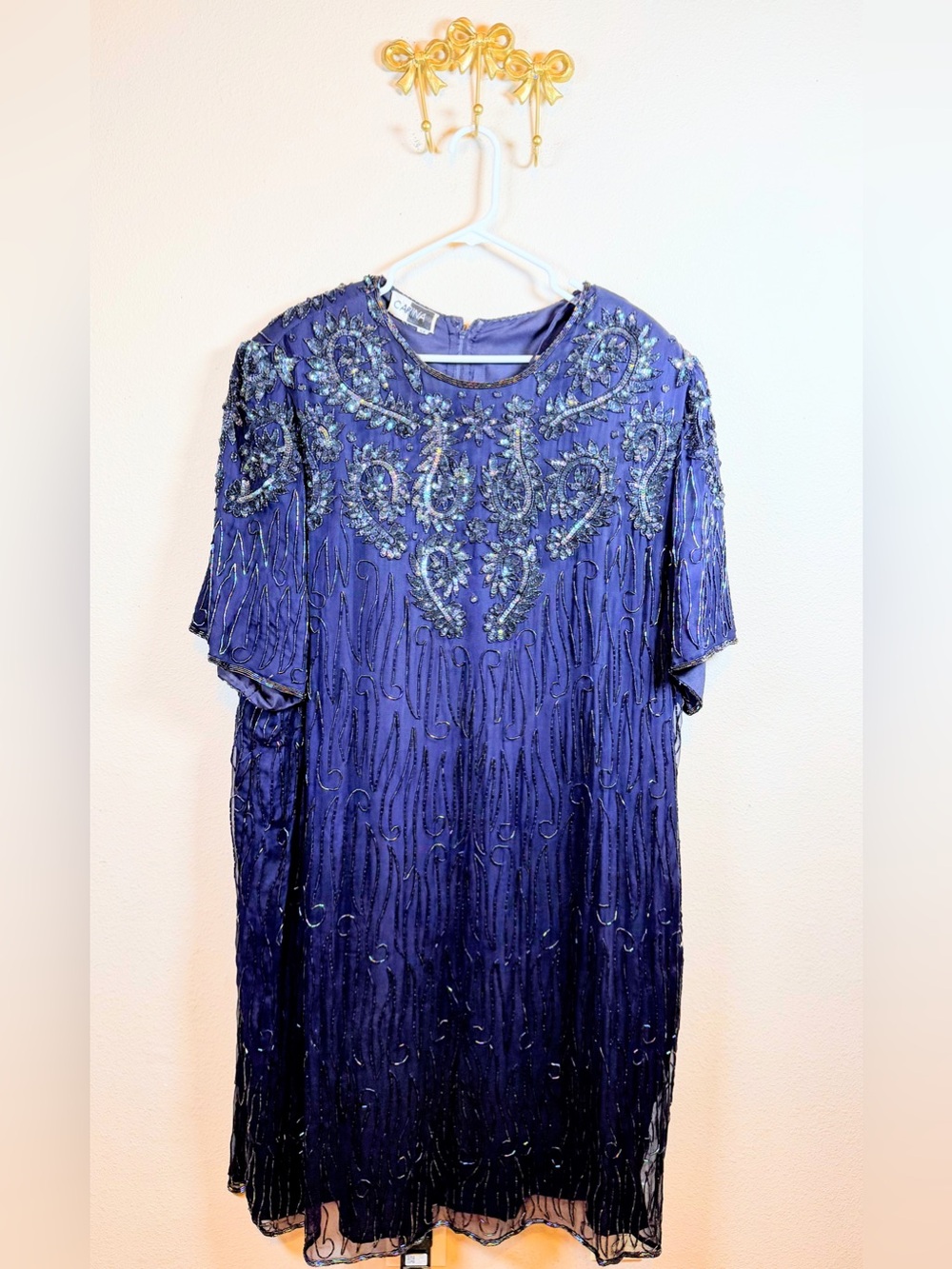 Carina Vintage Beaded Sheath Formal Navy Midi Dress.